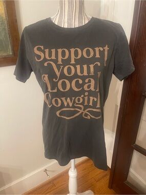 Tres Bien Black Tee with Tan "Support Your Local Cowgirls” Graphic 100% Cotton